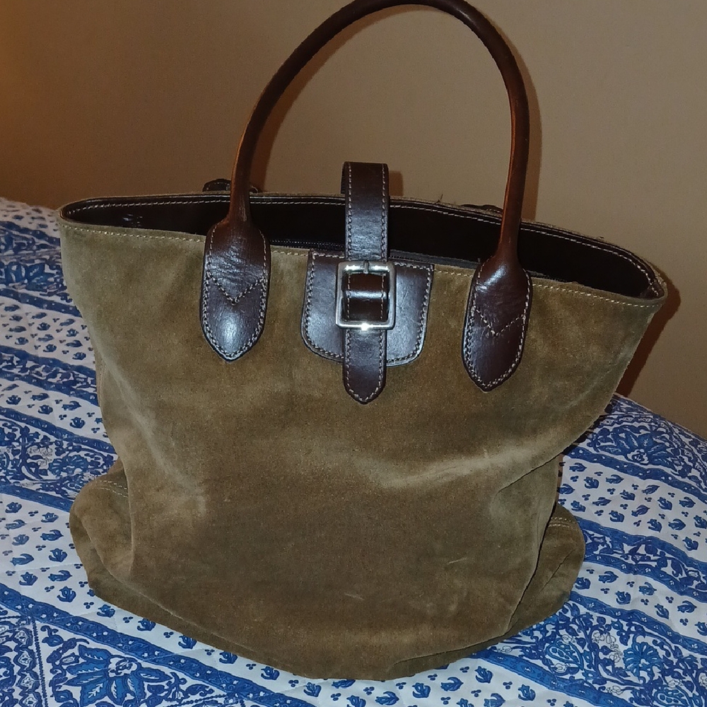 Brown Suede Tote Bag with Leather Handles